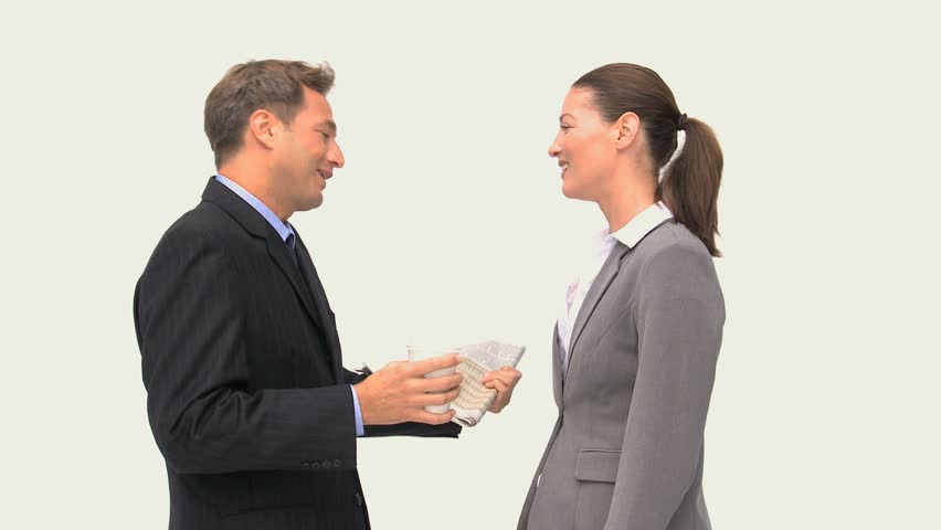 Happy coworkers laughing together