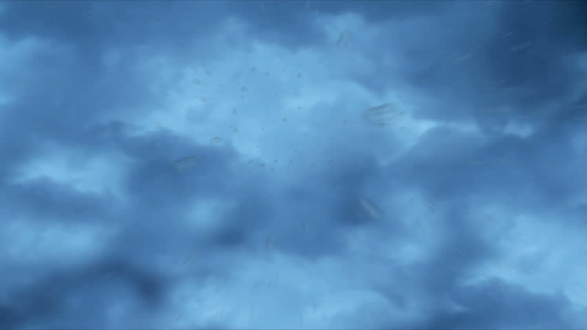 Real-time rain drops falling directly overhead then cut to slow motion at the flash of lightning and crack of thunder.  