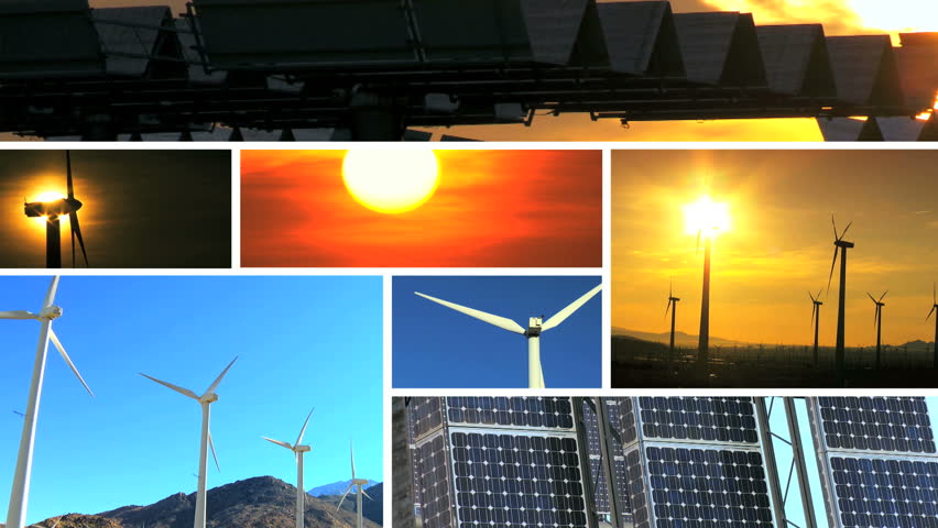 Montage collection of wind turbines & solar panels producing clean sustainable energy during the day & sunset