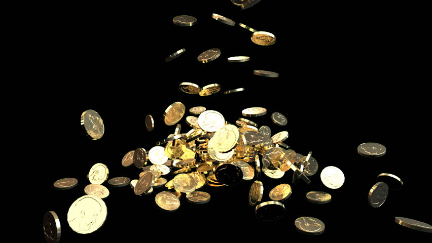 Gold coins fall against black background. Treasure. Business success. 