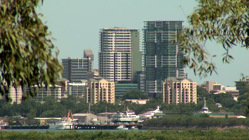 Darwin city looking west through gum trees from Charles Darwin National Park