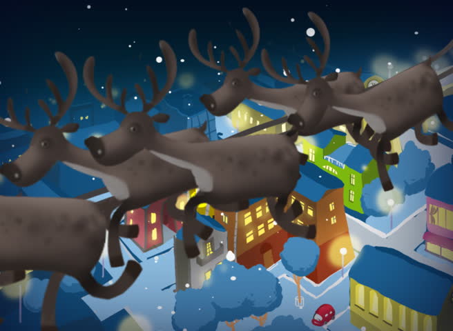 Santa Claus gives presents flying over the city at night