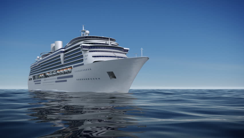 A 1080p HD video of camera flying towards the front of a luxury cruise ship, then pans left and back above to a beautiful view of the ocean and islands
