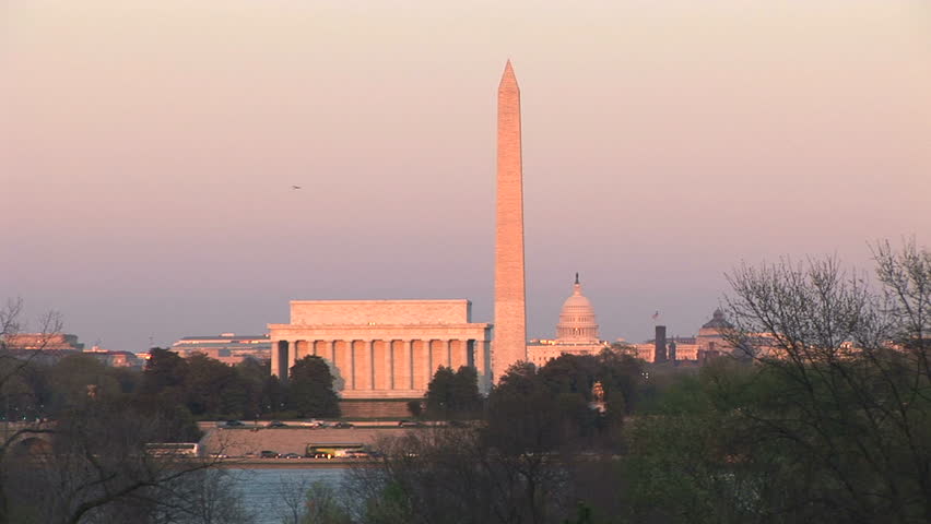 Line up of U.S. Capitol, Washington Monument, & Lincoln Memorial in Washington D.C., shot from Virginia