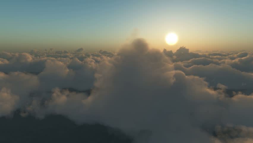 flying towards the sun above the clouds at dawn or dusk. 