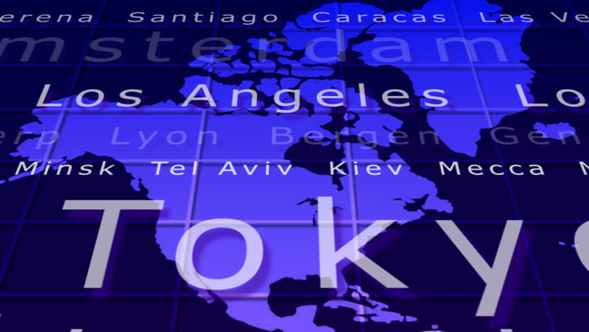 World map with city names flying over