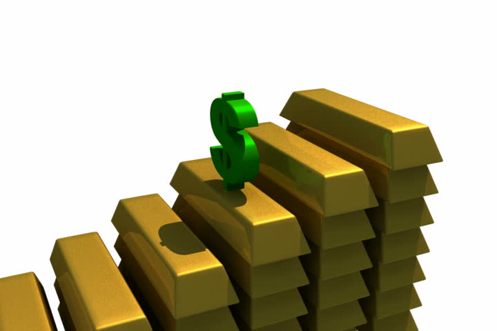 Green dollar symbol jumping over increasing gold bar graph.