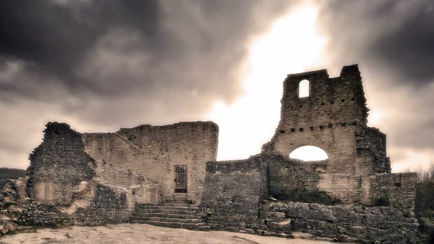 Medival castle Dvigrad during rainy weather. The history of the settlement is prehistoric; it remained inhabited until the 18th century.