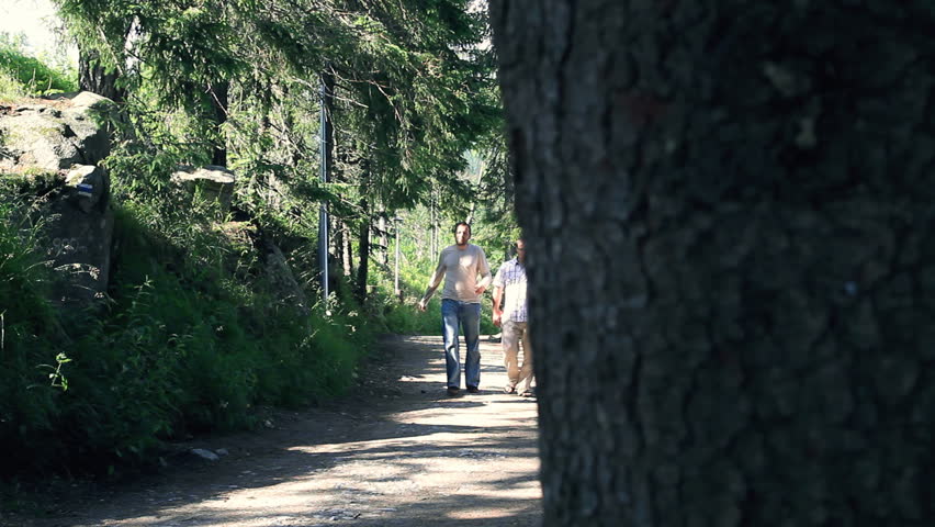 Two male friends walking in the park, dolly shot 