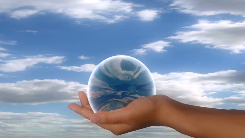 crystal globe in hand, static no zoom