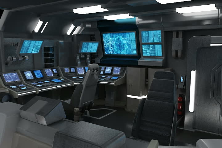 3D animation of a sci-fi spaceship bridge with many screens. 