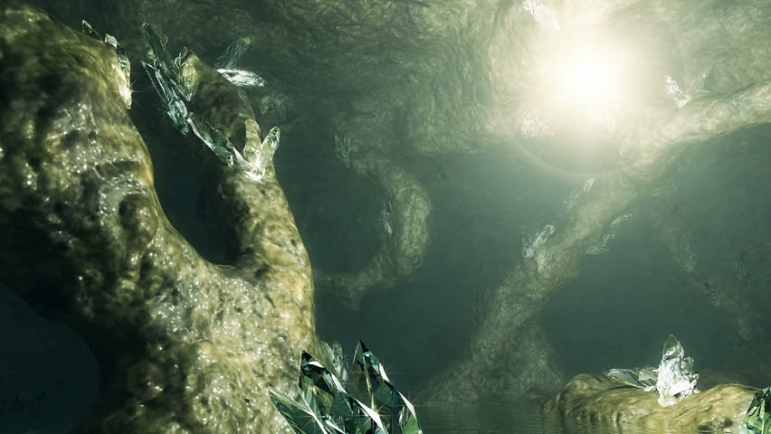 3D animation. Magic light flying through the cave with lot of crystals. Loop footage.