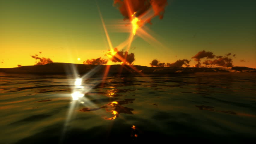 Tropical island, couple on the beach, camera fly over sea and sands, time lapse sunrise