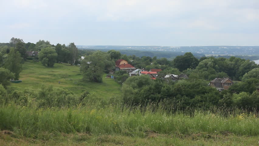 Russian village countryside landscape panning. Russia, Tula, Byokhovo, Polenovo, Oka river