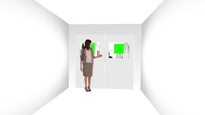 Woman opening the doors of an animated corridors about communications