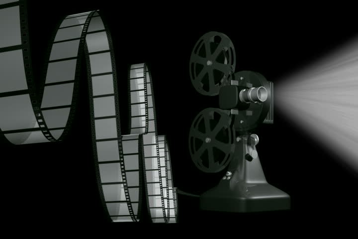 Projector Playing Film With Strip On Black Background. Seamless