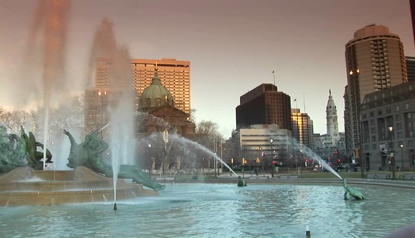The downtown fountains of Philadelphia with city hall in background.