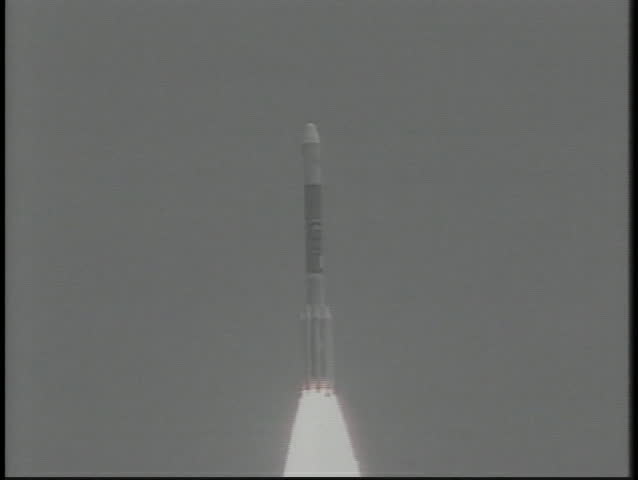 A rocket launches into space.