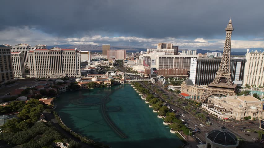 LAS VEGAS, NEVADA - OCT 6: (Time lapse view) Caesars Palace, Bellagio and Paris resorts on the strip on Oct 6, 2011 in Las Vegas, Nevada. 