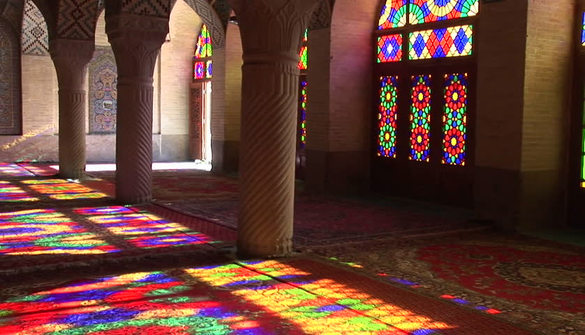 Sun shines through stained glass windows inside the Nasir Molk Mosque in Shriaz, Iran. 