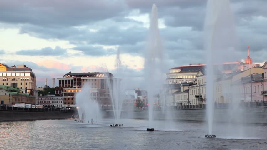 Fountains with in Obvodny channel at evening in Moscow