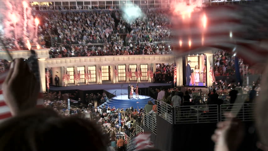 DENVER, CO - CIRCA 2008: A pan to a wide shot of the Pepsi Center as Former President Bill Clinton addresses the crowd at the 2008 Democratic National Convention circa 2008 in Denver Colorado