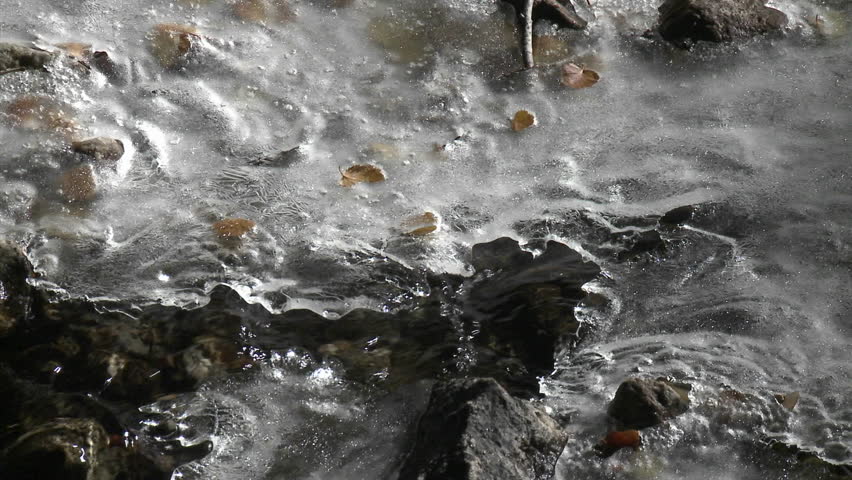 Close up running water and ice in a stream