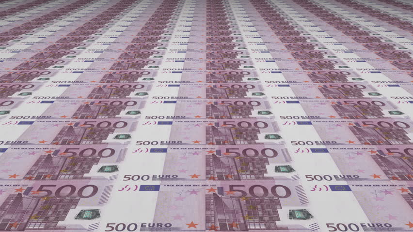 Diminishing parallel rows of 500 euro currency banknotes abstract financial background