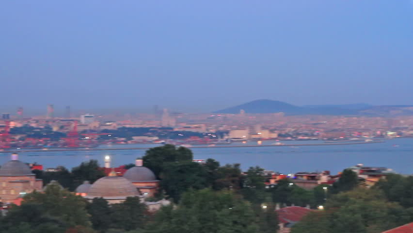 Istanbul with amazing Mosques; Pan from Blue Mosque to Hagia Sophia 