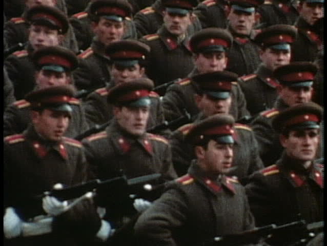MOSCOW - CIRCA 1970: Soviet troops march in a grand parade during the Cold War in Moscow circa 1970