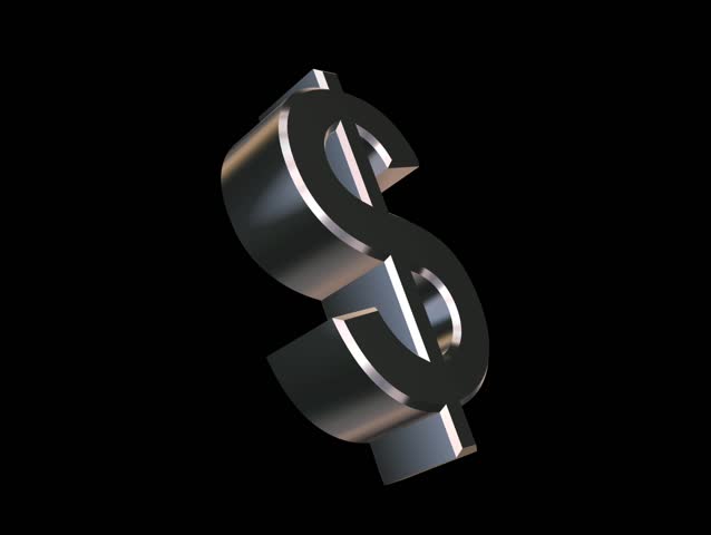 A chrome-plated Dollar symbol rotating along its main axis on a black background (3D rendering)