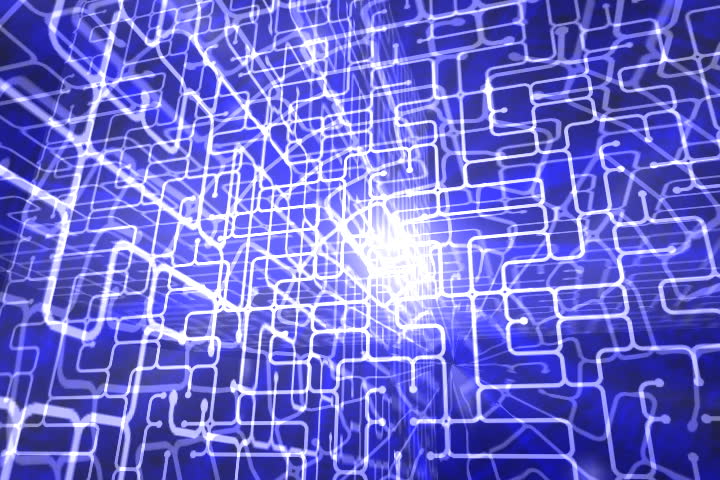 A complex arrangement of interlocking circuit patterns that rotate and convolve in a seamless loop.