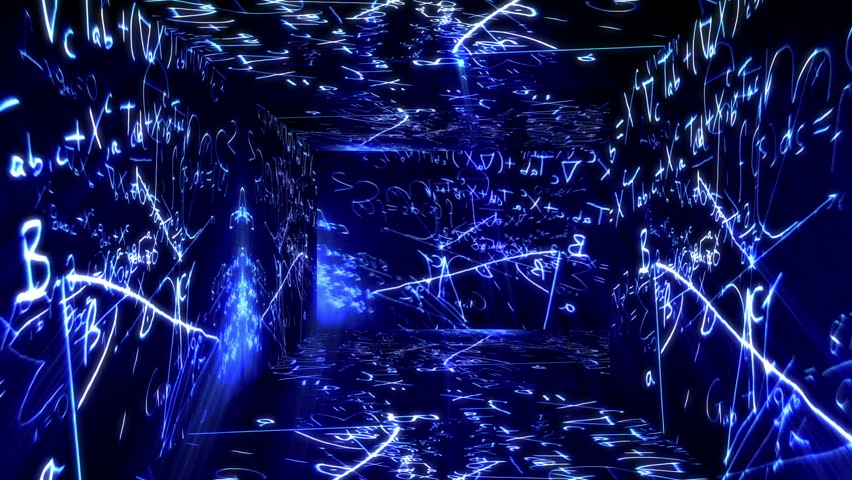 Labyrinth design with Mathematical , Physical science formulas flying around on the walls, floor and ceiling of the scene.