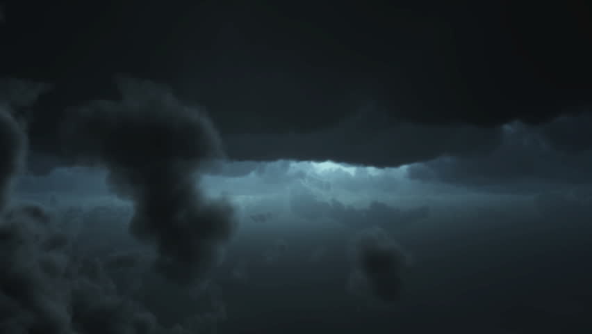 At night flying through lightning and thunderstorm 