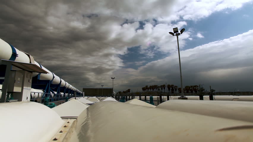 Slider dollyright to left on the roof of one of the buildings at the IDE Ashkelon desalination plant in Israel. 