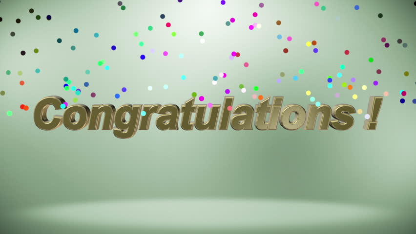 Chaotically moving particles are arranged in three-dimensional gold inscription "Congratulations!" These make one revolution around its axis. From top falling confetti.