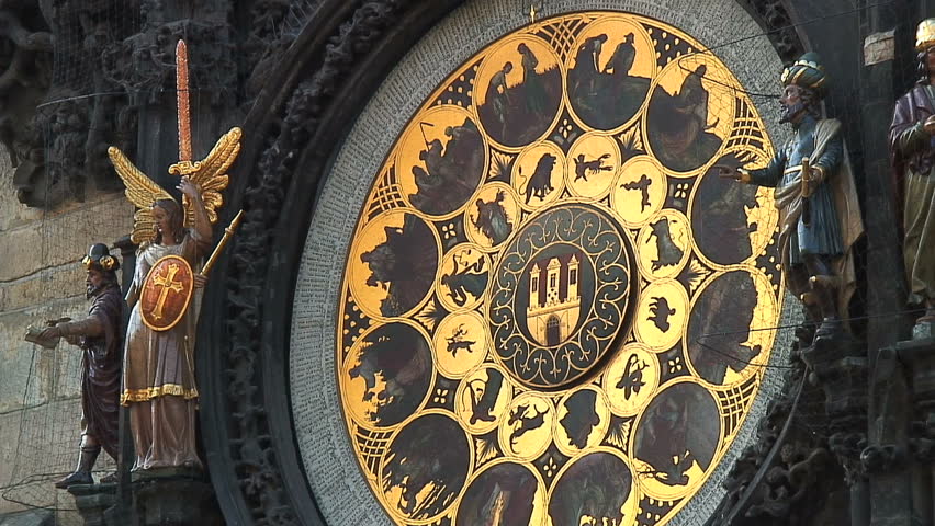 Pigeon Flying by Prague's Astronomical Clock