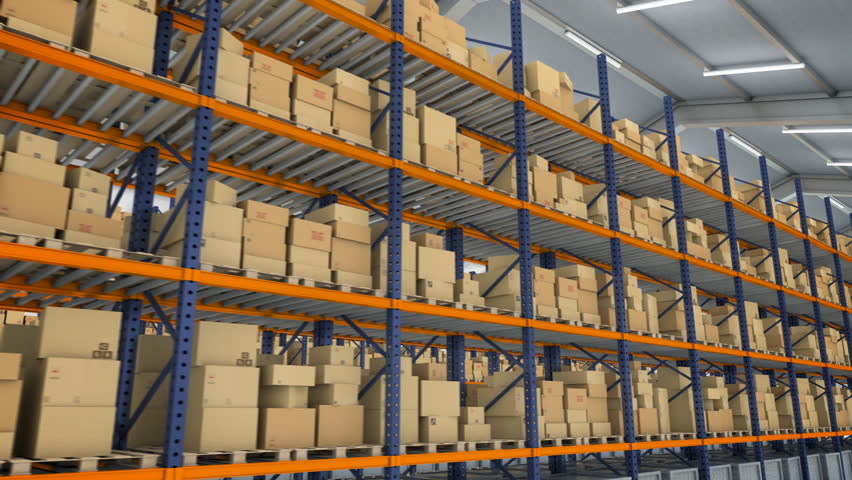 Camera travels inside a large warehouse. Seamless loop.