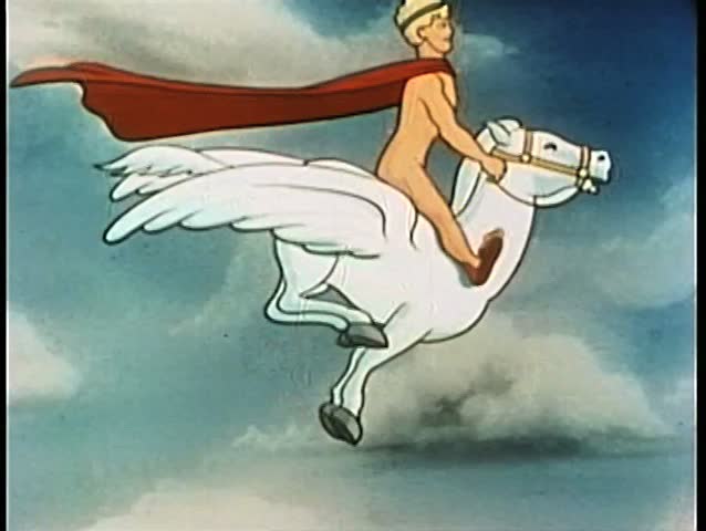 Naked man riding flying horse