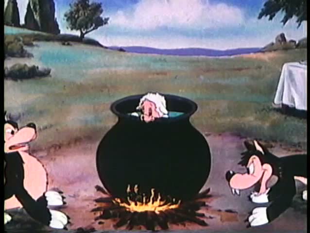 Cartoon of wolves cooking lamb