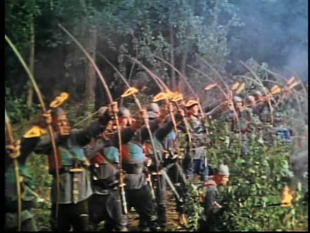 Medieval soldiers shooting fire out of arrows