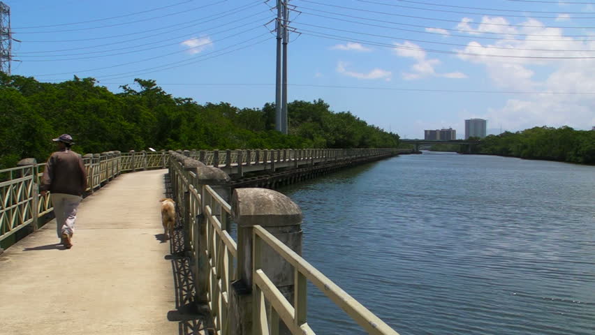 Senior Citizen Walking with dog on Riverside Linear Park