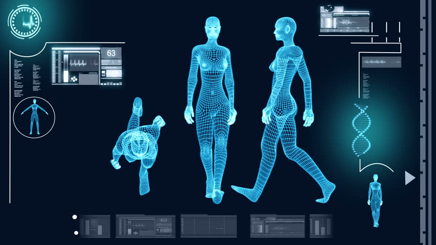 Digital motion graphic of a virtual walking female in 3D illustration for medical and scientific research data
