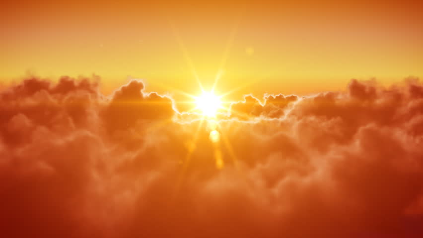 Flying over the clouds with the evening (morning) sun. Seamless 3d animation. HD 1080.