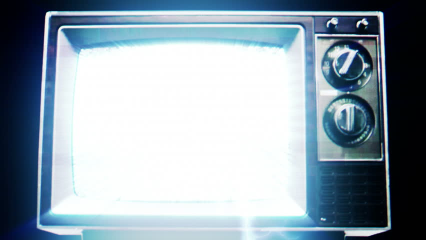 Retro tv with static on screen and digital distortion, electrical lightning zapping around. 