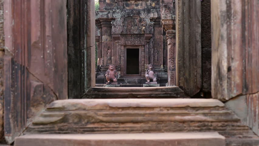 Banteay Srey or Banteay Srei, Hindu temple in Angkor area rainforest, Siem Reap, Cambodia, Asia. Sequence
