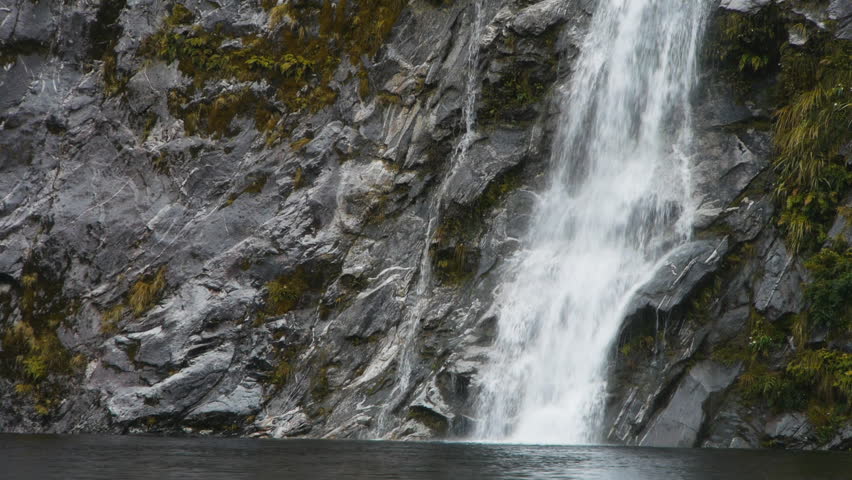 close up of waterfall at the end of Hidden Lake on the Milford Track in New Zealand