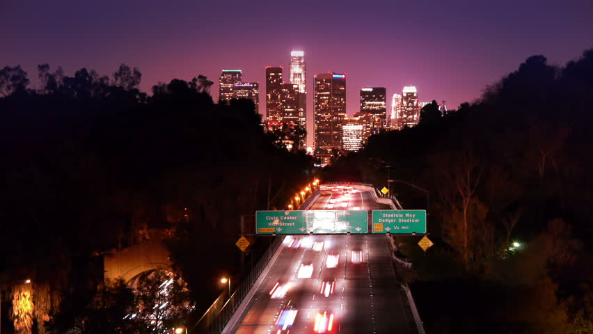 Los Angeles freeway traffic at night.