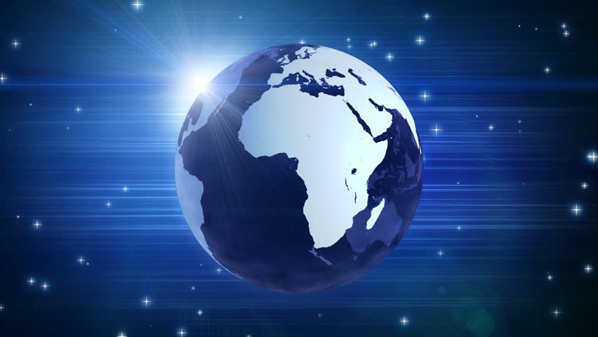 globe and stars on blue. Computer generated seamless loop motion background