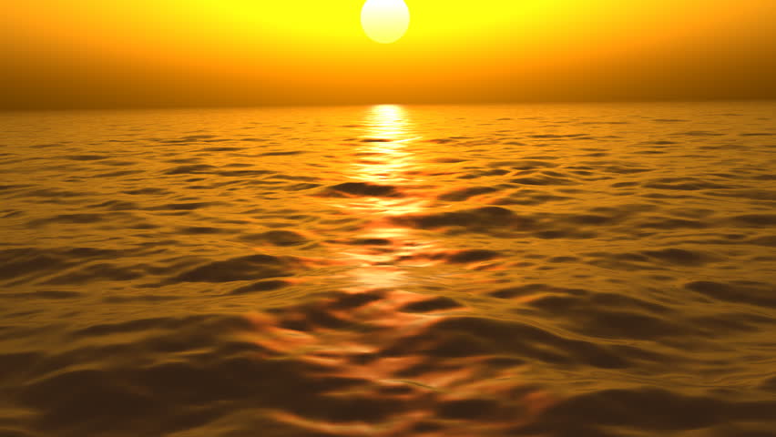 Ocean waves are gently and slowly rolling along at sunset.  The camera's point of view slowly bobs up and down as if it's floating on a raft, lost at sea. (Looping, High Definition, 1080p)